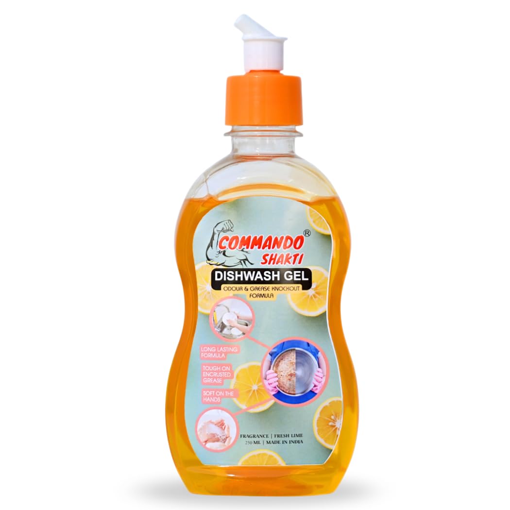 Commando Shakti Dishwashing Liquid Gel 3L Value Pack | Dishwash Gel | Tough on Grease & Food Stains | Gentle on Hands | Fresh Citrus Orange Fragrance