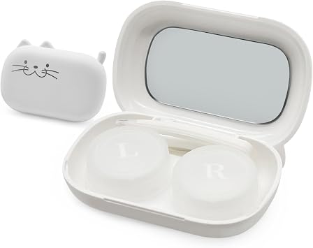 Contact Lens Case Portable Contacts Companion Case Cute Kitten with Tweezers Removal Tool-White