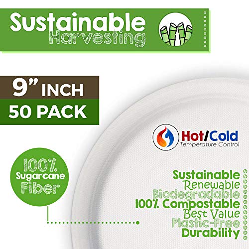 Green Earth, 100% Compostable Paper Plates Natural Bagasse, Sugarcane Fiber, Breakfast Lunch Dinner Biodegradable Recycled Disposable Round Microwave Safe Eco Friendly Heavy-Duty, 9" inches, 50 Pack - Image 3