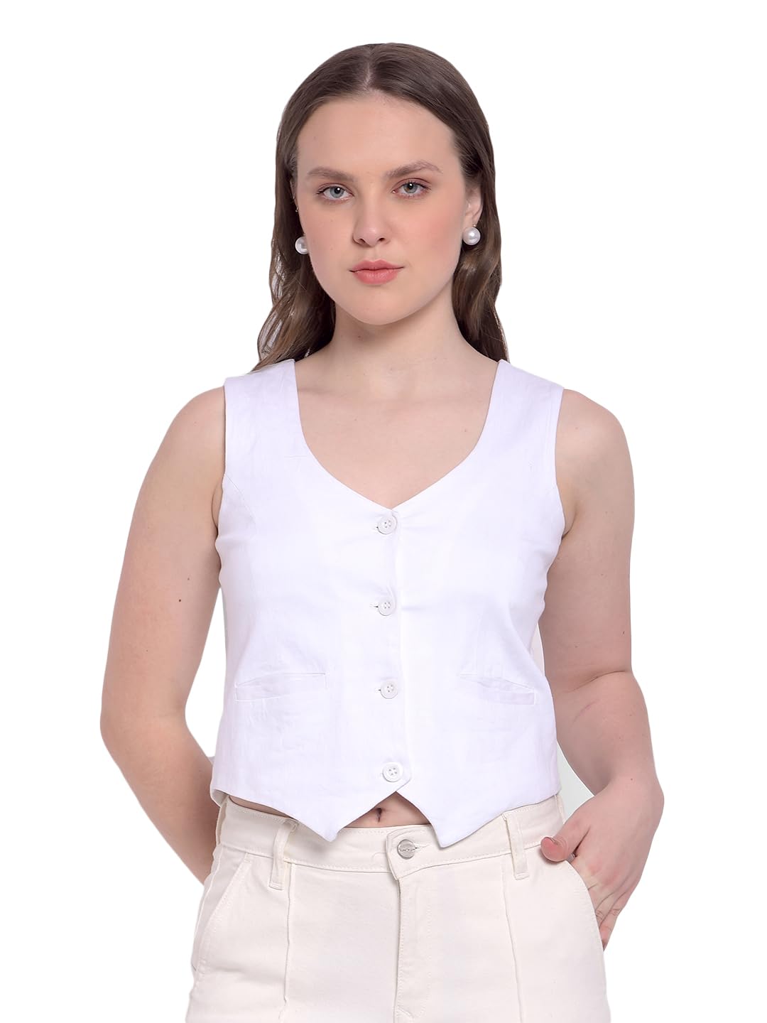 numero uno Women's White Sleeveless Buttoned Vest-picture-10