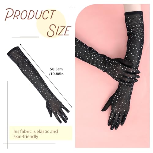 Long Black Gloves Rhinestone Sheer Tulle Gloves for Carnival Women Party Costumes Formal Occasions(Black)2