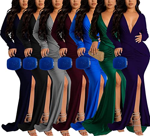 Image of Women's Elegant Formal Mermaid Maxi Dress Off Shoulder Long Sleeve Wedding Split Evening Gown Prom Cocktail Party Dresses