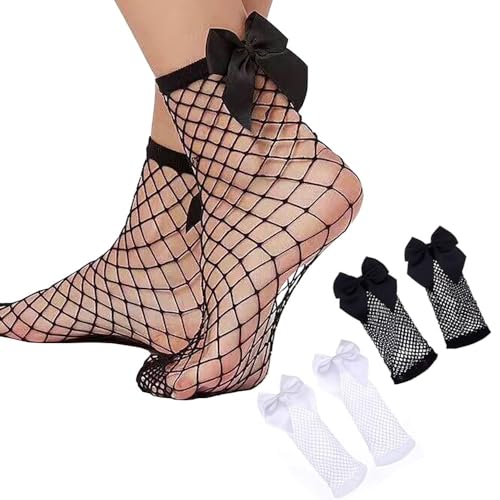 2Pcs Women Fishnet Socks, Mesh Lace Short Ankle Socks with Bowknot Decor White+Black