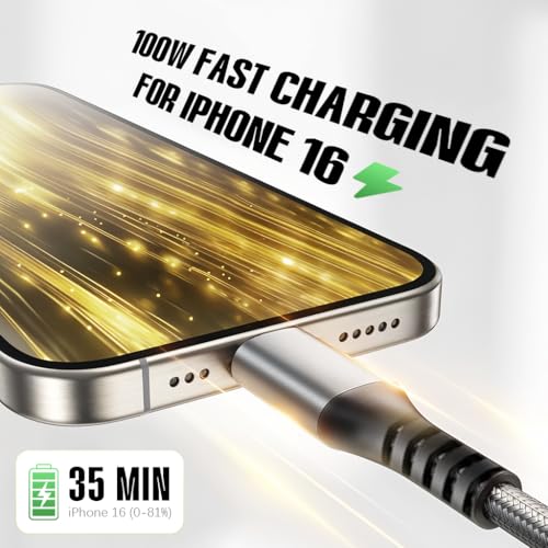 Image of Verilux 10Ft /3M Type C to Type C Cable, 100W /5A type c cable fast charging, 480Mbps Data Sync data cable c type, Braided Nylon USB C to USB C Cable for iPhone 16 /15, Galaxy S24 /S23, MacBook
