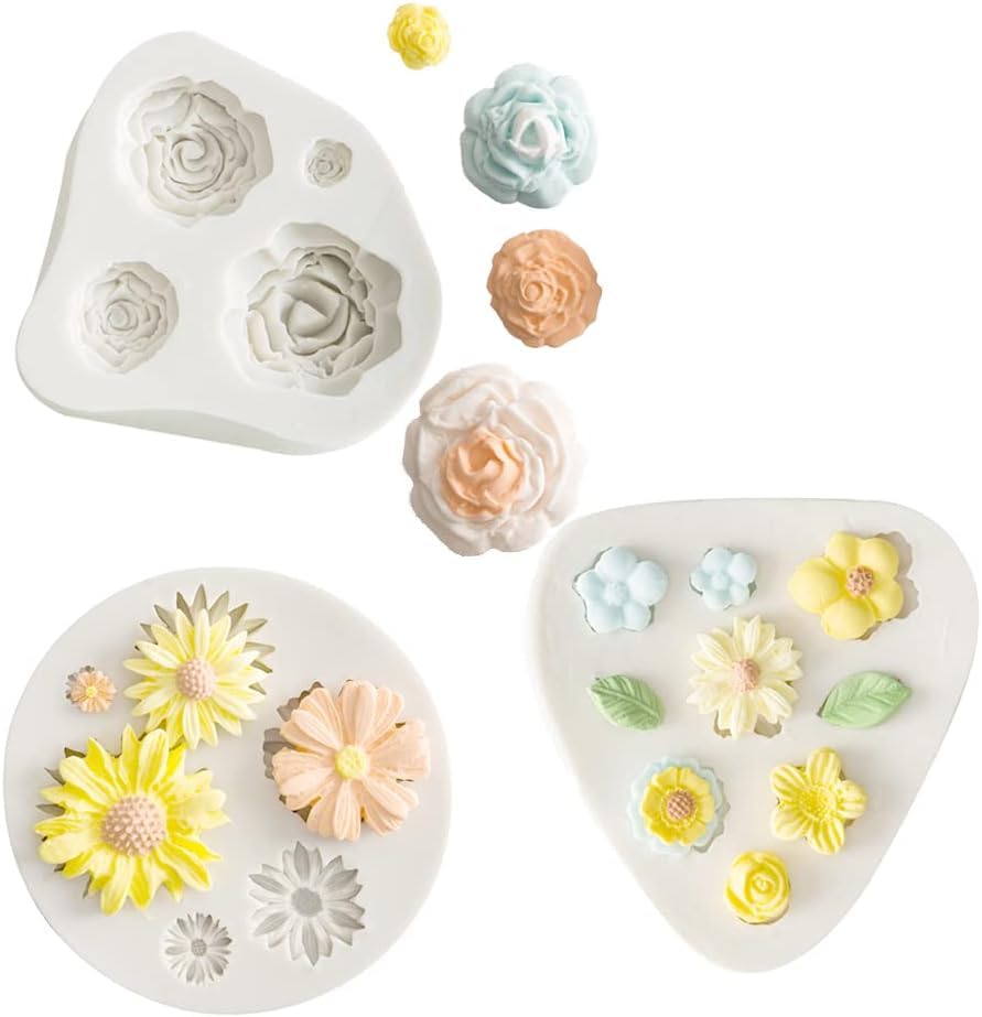 3-Piece Multicolor Silicone Flower Fondant Mould Set: Chrysanthemum, Rose, Daisy for Cake Decorating, Baking, Soap, Wax Melts