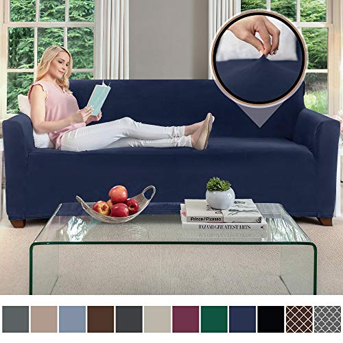 Gorilla Grip Original Fitted Velvet 1 Piece Large Sofa Protector for Seat Width to 70 Inch, Stretchy Furniture Slipcover, Fastener Straps, Spandex Couch Slip Cover Throw for Pets, Sofa, Navy Blue