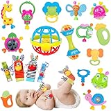 4 Piezas Calcetines Sonajero y Pulsera + 15 Piezas Sonajeros, Juguete Sensorial con Sonaja, Sonajeros para Manos y Pies...