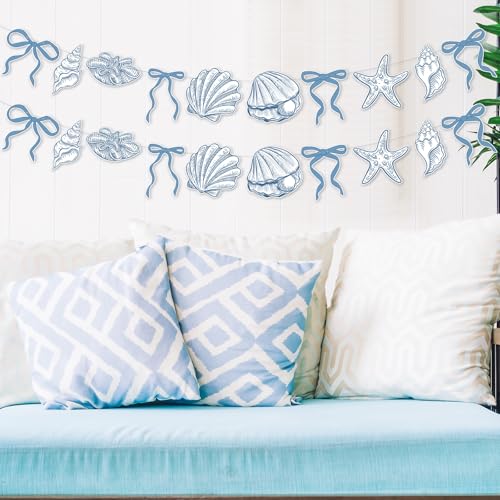 Image of Oudain 2 Pack Blue Bow Starfish and Seashell Garland 6.56 ft Ocean Coastal Nautical Beach Party Paper Bow Hanging Banner for Under the Sea Summer Birthday Wedding Bachelorette Mermaid Baby Shower