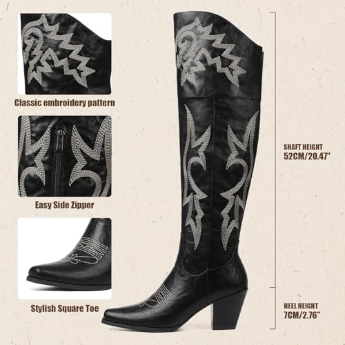 Eteridrey Thigh High Cowboy Boots for Women Pointed Toe Chunky Heels Over The Knee Boots Classic Embroidered Western Boot for Fall3
