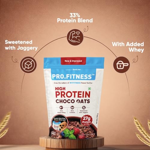 Image of PRO.FITNESS 27g High Protein Oats 900g (By MyFitness) | Dark Chocolate Oats with Almonds, Pumpkin Seeds and Raisins| Chocolate Rolled Oats with Jaggery - No Refined Sugar | Breakfast Cereals