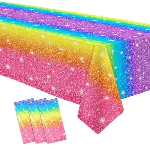 HOAKWA Pastel Rainbow Party Tablecloth Decorations 3 Pack Disposable Colorful Sparkle Pastel Rainbow Party Table Cover Supplies for Birthday Wedding Bridal Shower Pride Events 55in x 86in