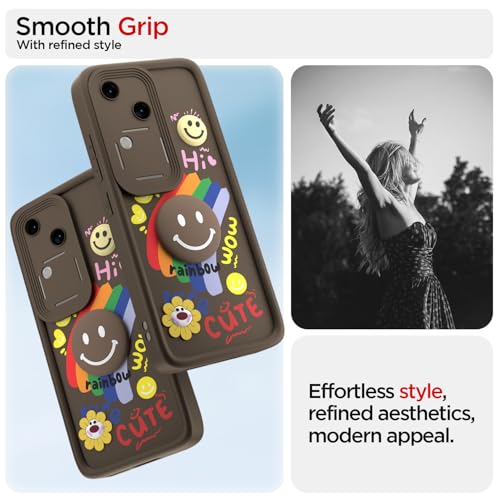 Image of Pikkme Back Cover for Vivo V30 5G / V30 Pro 5G | Soft Silicone| Cute Rainbow Smile & 3D Cartoon Flower Design | Shockproof Raised Camera Protection Bumper Case (Brown)