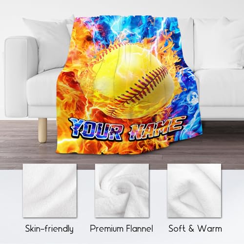 Customized Blanket - Softball Blanket Gifts for Girls - Comfy Cozy Fleece Throws for Player 4 Sizes