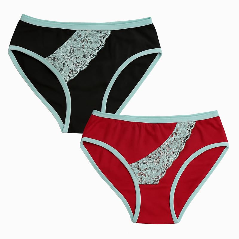 Women's Cotton Bikini Panties with Lace Side Panel – Comfortable Mid-Rise Underwear – 2 Pack (Black,Red)-picture-13