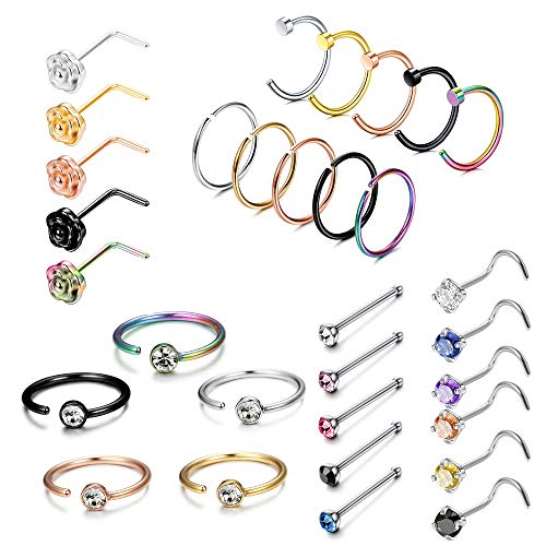 LOYALLOOK 31-37Pcs Stainless Steel CZ Stud Nose Rings Set Fake Septum Ring Nose Hoop Piercing Clicker Ring Retainer Body Jewelry Piercing for Women Men
