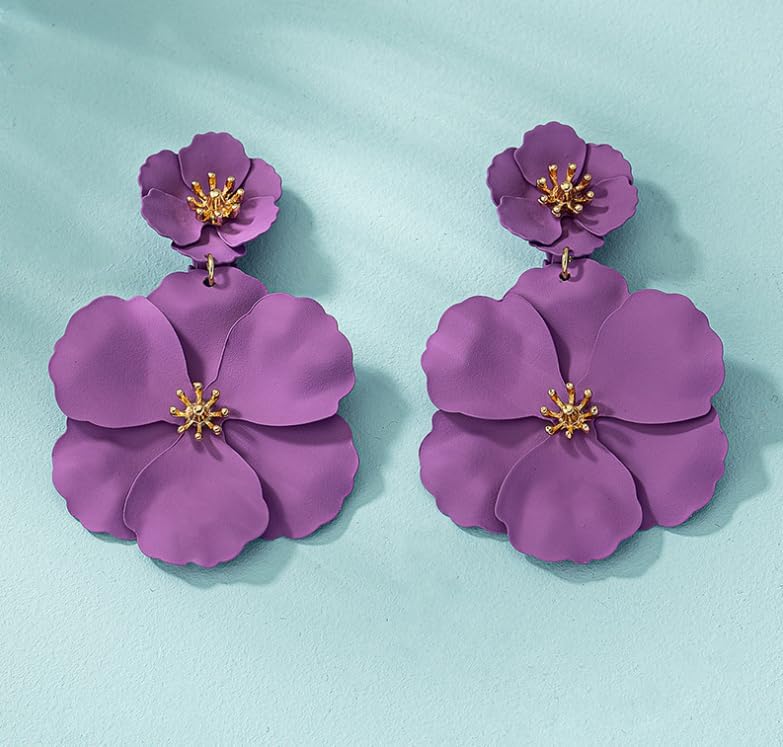 Flower Clip On Earrings - Floral Petal Drop Earrings Statement Hypoallergenic Flower Stud Earring for Women Wedding Jewelry Gifts - Image 6