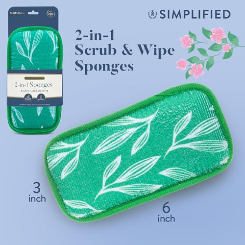 Image of Simplified 5-Pack Scrub & Wipe 2-in-1 Dishwashing Sponges - Non-Abrasive Cleaning Sponges, Double-Sided - Safe for Dishes, Non-Stick Pans or Glassware, Absorbent Dish Sponges, Green Leaves