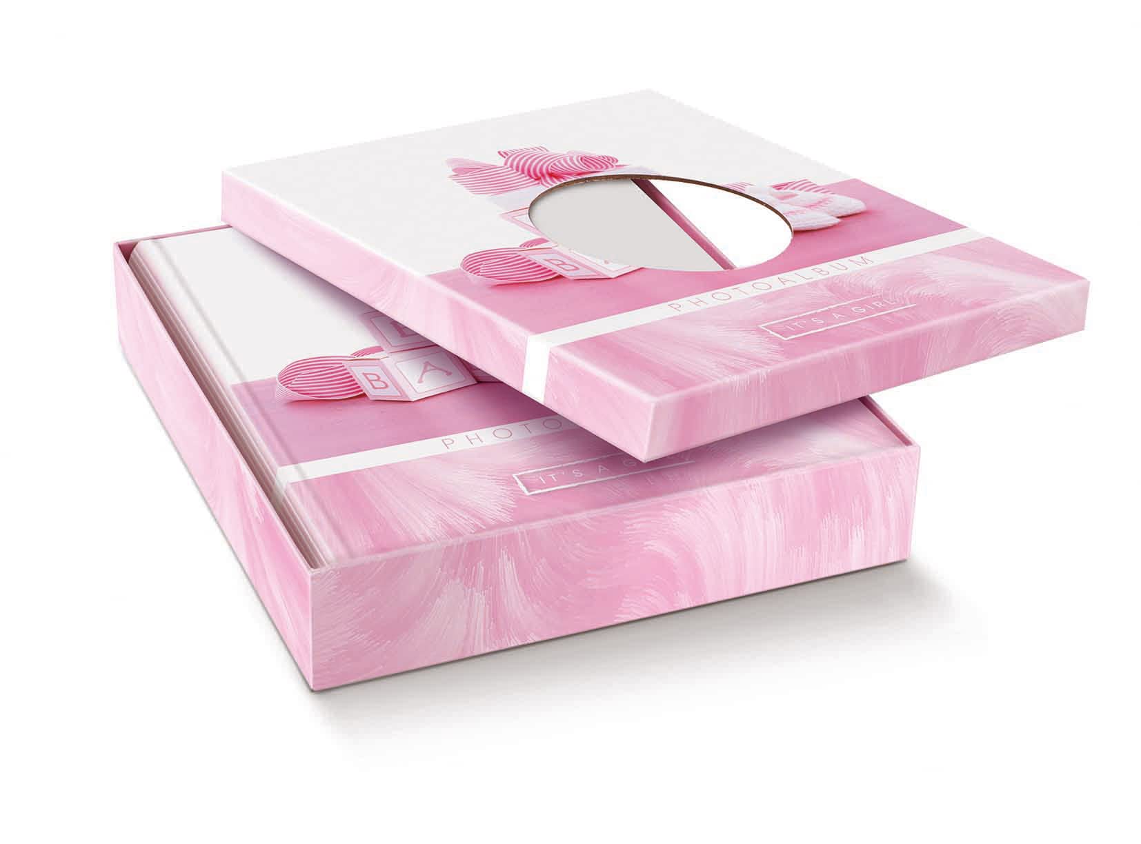 Album portafoto a tasche 13x19 200 foto con scatola in 2 colori Art. Nascita, misura album 24,5x28cm (Rosa)