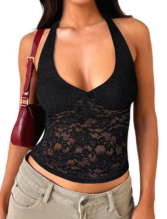 Matunana Women's Lace Halter Tops Going Out V Neck Crop Backless Sleeveless Tank Y2k Cute Sexy Shirt Summer Trendy 2026 Black M