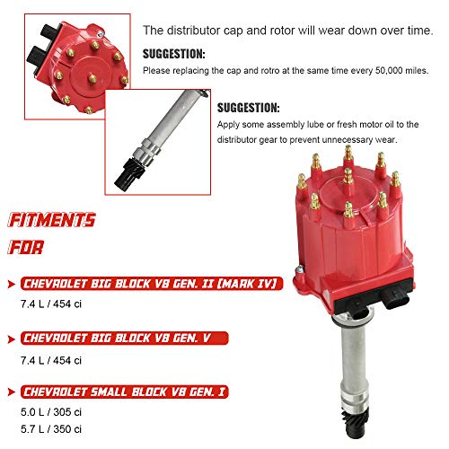 Ignition Distributor Compatible with 1987-1997 GMC Chevy 5.0L 5.7L 7.4L C/K Pickup Truck Van Big Blocks Small Blocks 305 350 454 HEI652R Red Cap