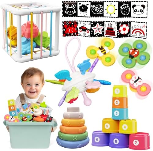 Baby Toys 6-12 Months, Montessori Toys for 1 Years Old, 6-in-1 Set Infant Toys with Storage Box, Sensory Toy, Spinner for Babies, Stacking Toy for Toddlers 1-3, Gifts for Baby Newborn