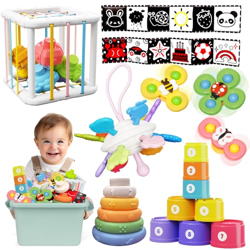 Image of FLLOBE Baby Toys, Montessori Toys for 1 Years Old, 6-in-1 Set Sensory Toys for Babies with Storage Box, Baby Essentials, Stacking Cups, Teething Toys, Spinner Toys for Babies Toddlers 1-3 Gifts