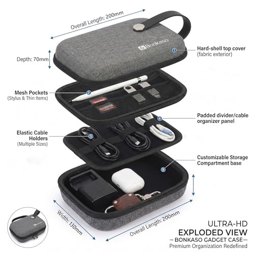 Image of BonKaso Tech Organizer Pouch Hard Shell - Travel Electronics Accessories Case for Charger, USB Cable, Power Bank, Earphones & Hard Drive | Compact EVA Storage Bag - Grey