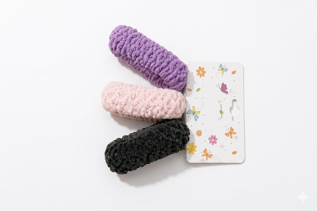 Large Hair Rubber Bands for Women & Girls Hair Clips, Set of 3, Purple, Pink and Black, Knitted Snap Barrettes-image-32