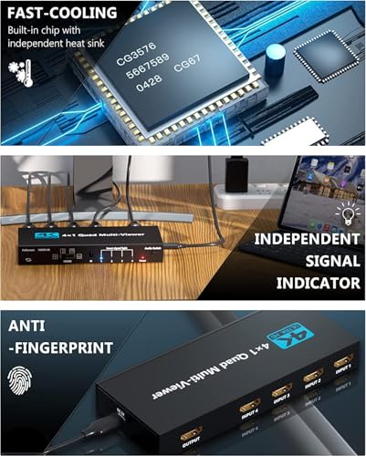 Image of HDMI Multiviewer Switch 4x1, HDMI Quad Multi-Viewer with Seamless Switch, Split Screen,5 Display Modes,with IR Remote /Software /Push Button Selector for Security Camera, Gaming Consoles