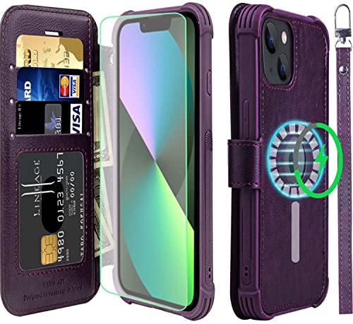 VANAVAGY Compatible for iPhone 13 Wallet Case for Magsafe,RFID Flip Leather Cover with Wrist Supports Wireless Charging with Card Holder and Glass Screen Protector,Purple