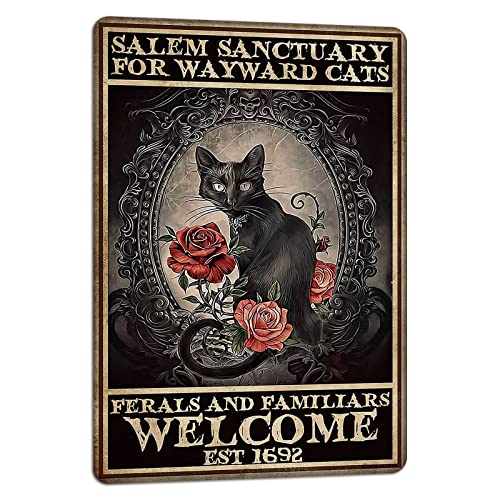 PAIION Salem Sanctuary For Wayward Cats Halloween Black Cat Halloween Decor Cat Lover Metal Signs Vintage Poster Home Bedroom Wall Art Gift 8×12 Inches