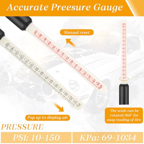 Image of Yunsailing 10 Pcs 10 Pcs Dual Head Tire Pressure Gauge Heavy Duty Truck Tires Air Pressures Gauges with Hook Range 10-150psi, 0.7-10.3bar for Semi Trucks Car Bus Rv Van (Black)