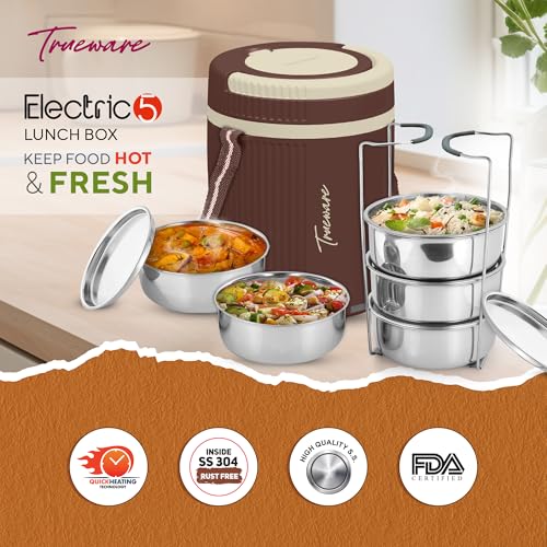 Image of Tureware Electric 5 PU Insulated 304 Grade Stainless Steel 5 Container 450ml Each Thermoware Electric Lunch Box for Man & Women Reheat Food|Convenience case or Power Cord|Inbuilt Thermostat