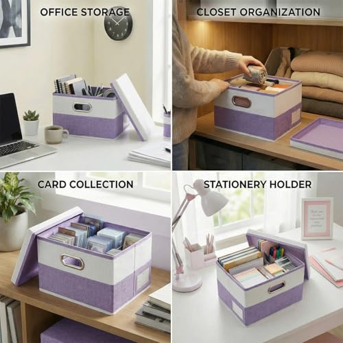 Image of PRANDOM Storage Bins with Lids [3-Pack] Linen Fabric Foldable Storage Boxes Organizer Containers Baskets Cube with Cover for Bedroom Closet Office Purple&White（11.4X8.6X6.7