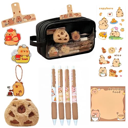 Image of Kawaii Capybara Pencil Case Kit with Plush +Notepad+Pendant+Stickers+Binder clips+Diary Clip+Pens, 5-Layer Large Capacity Capybara Stationery Set Gifts for Office, Makeup. (Black)