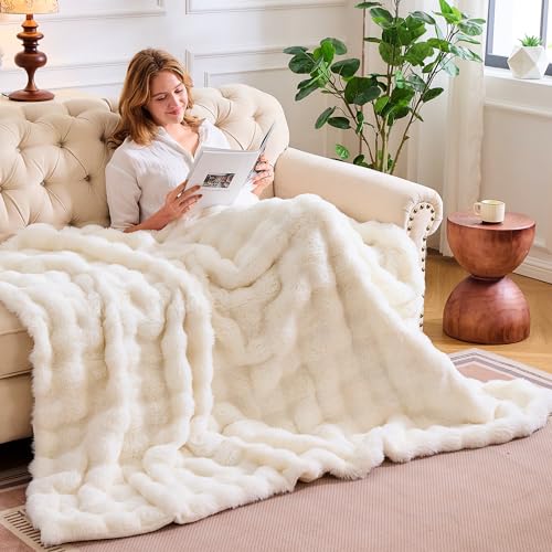 Wajade Luxury Fluffy Rabbit Fur Throw Blanket Super Soft Bubble Faux Fur Blanket Warm Fuzzy Large Blanket for Bed Couch Car Cozy,White 127x153CM - Image 2