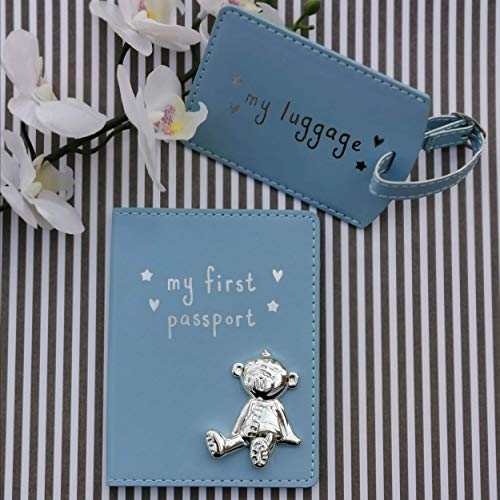 Pelle poliuretanica. Button Corner, set regalo per bambini, custodia passaporto e etichetta bagaglio, con orsetto in metallo e scritta in inglese My First Passport & My Luggage
