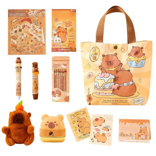 Juego de papelería escolar - Lindo sacapuntas con pegatinas de goma de borrar, juego compacto de accesorios de escritura, accesorios de aula multicolor, práctica caja organizadora con materiales de
