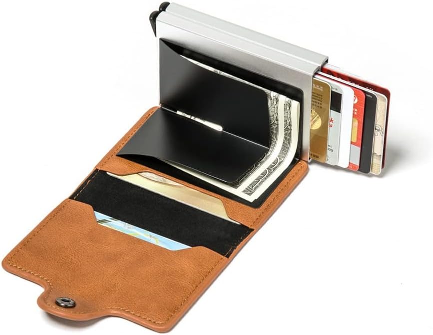 ミニダブルボックス メタルウォレット ビンテージレザー クレジットカードホルダー 男女兼用 名刺 ID バッジホルダーケース(カラー