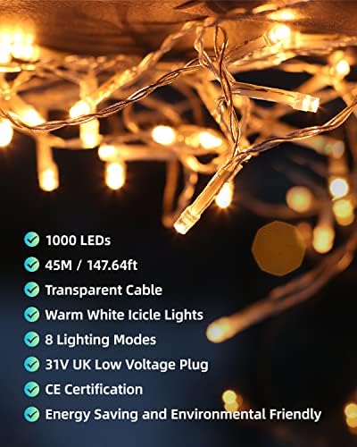 LIGHTNUM Icicle Lights Outdoor, 18m/59.06ft 500 LEDs Christmas Lights, Warm White Fairy Lights Plug in with 8 Modes, Memory Function, Timer, IP44 Waterproof for Window, Party, Xmas, Indoor Decoration