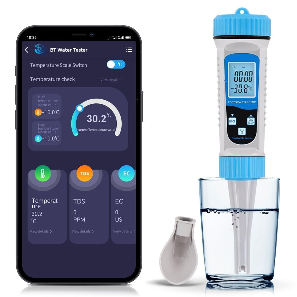 Misuratore EC, Tester Acqua Bluetooth, Misuratore Sale per Piscine | Tester acqua potabile digitale con APP, misura EC, TDS, Salinità, S.G e Temp, Analisi acqua per Acquari marini, Piscine e Spa