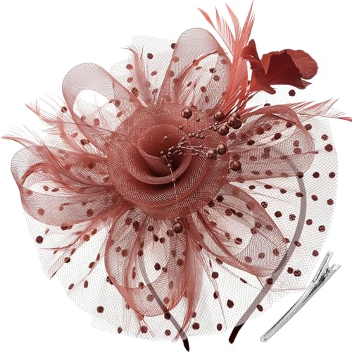 Image of DRESHOW Fascinators Hat Flower Mesh Ribbons Feathers on a Headband and a Clip Tea Party Headwear for Girls and Women
