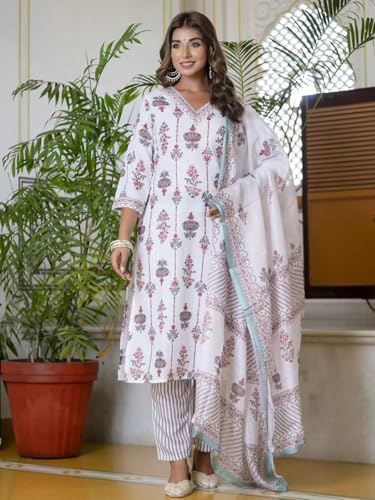 Tee Projekt Women's Cotton Blend V Neck Printed Straight Kurta Pant With Dupatta Set Off White