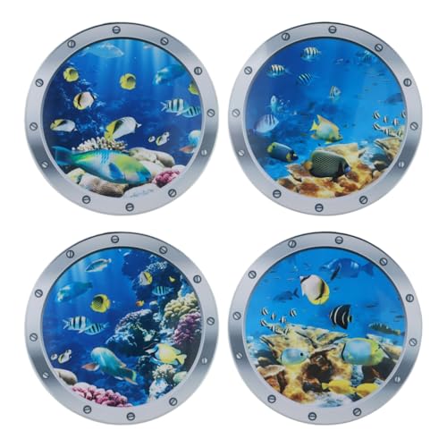 Gettimore Autocollants muraux 3D en PVC amovible Motif monde sous-marin hublot pour salle de bain, chambre à coucher, cuisine Bleu 30 cm 4