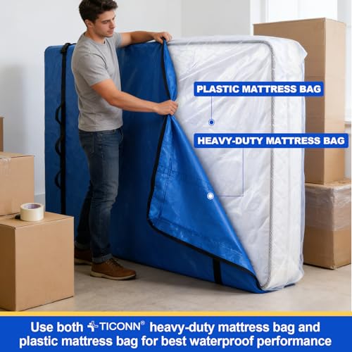 TICONN 2PK Plastic Mattress Bag for Moving Storage, Waterproof Mattress Protector Cover, Heavy-Duty Mattress Moving Supplies (1.5 mil, Queen)