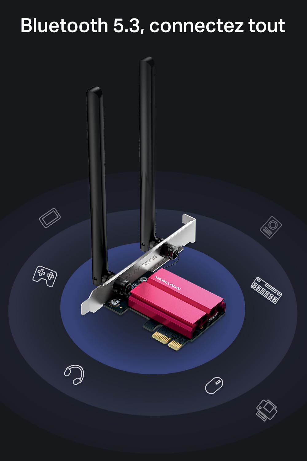 Mercusys MA86XE Carte Wi-FI PCIe Wi-FI 6E AXE5400 Tri-Bande, Bluetooth 5.3, Antennes Haute Performance, WPA3, Compatible PC Windows 10/11