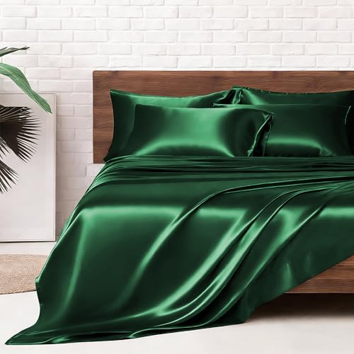 Image of MR&HM Satin Bed Sheets, Queen Size Sheets Set, 6 Pcs Silky Bedding Set with 15 Inches Deep Pocket for Mattress (Queen, Dark Green)