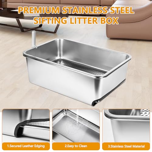 23.5''x15.7''x8'' Edelstahl-Wurfkiste, XXL ausziehbare, siebende Wurfkiste für Kiefernpellets, Hochseiten-Metall-Wurfkastensystem für Großkatzen mit Plastikschaufel &10 Urinpads (20CM)