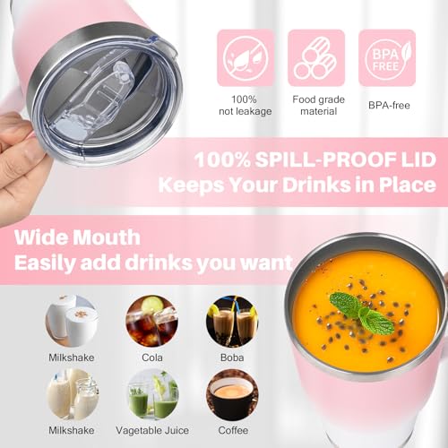 Image of 30 oz Tumbler with Handle, Stainless Steel Insulated Tumbler with Lid and Straw, Double Wall Vacuum Insulated Coffee Mug Tumbler, Insulated Coffee Thermal Cup for Cold and Hot (Pink White)