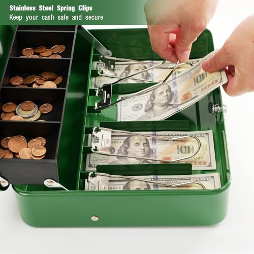 Image of Cash Box with Lock Key and Money Tray - Large Money Box for Cash Register, Metal Lock Box for Money Safe 11.8 inch x 9.4 inch x 3.54 inch Green